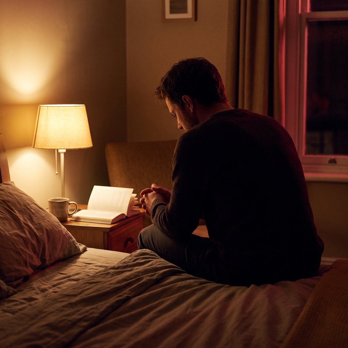 Man sitting on the edge of the bed, seen from behind